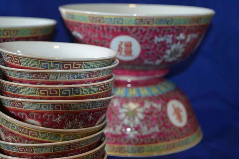 Vintage Chinese Mun Shou Porcelain Famile Rose Set in he Longevity Pattern - 40 Pieces