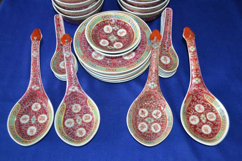 Vintage Chinese Mun Shou Porcelain Famile Rose Set in he Longevity Pattern - 40 Pieces