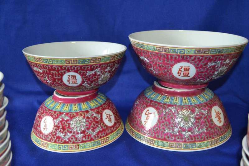 Vintage Chinese Mun Shou Porcelain Famile Rose Set in he Longevity Pattern - 40 Pieces