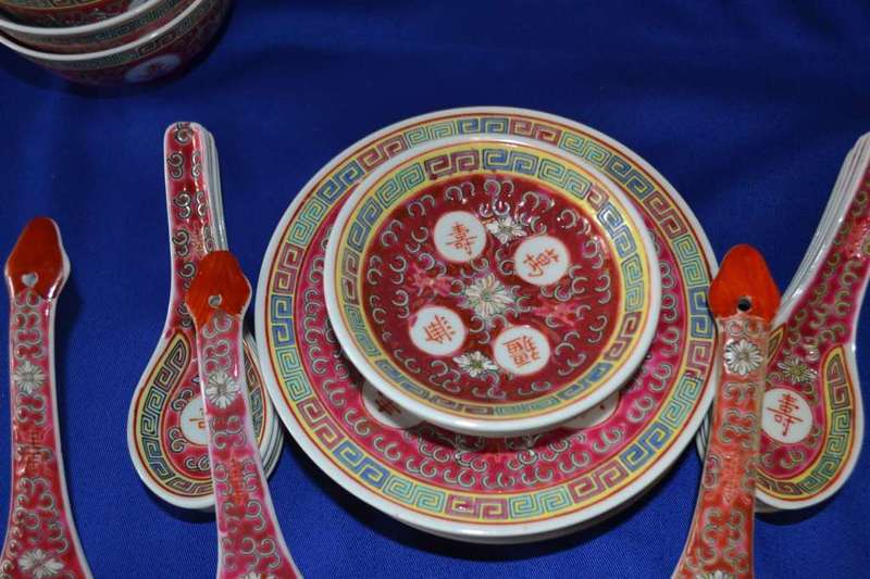 Vintage Chinese Mun Shou Porcelain Famile Rose Set in he Longevity Pattern - 40 Pieces