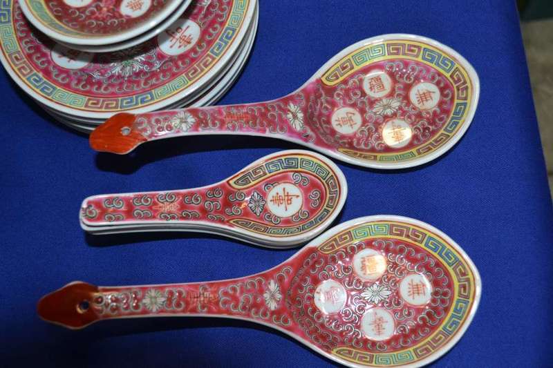 Vintage Chinese Mun Shou Porcelain Famile Rose Set in he Longevity Pattern - 40 Pieces