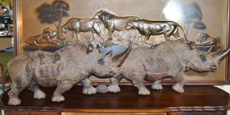Justice Ncube - Large Double Rhino Wood Carving