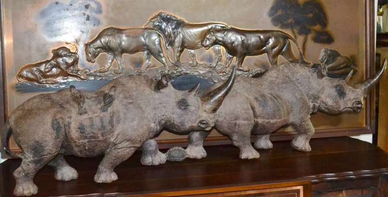 Justice Ncube - Large Double Rhino Wood Carving