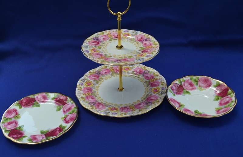 Royal Albert Serena Two Tier Cake Stand with  Old English Rose Saucer and Side Plate