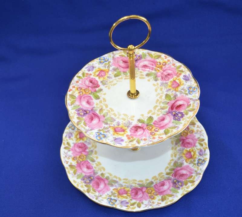 Royal Albert Serena Two Tier Cake Stand with  Old English Rose Saucer and Side Plate