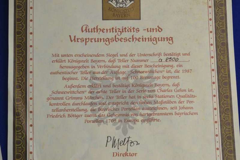 Konigszelt Bayern Schneewittchen {Snow White) Collectors plate with COA