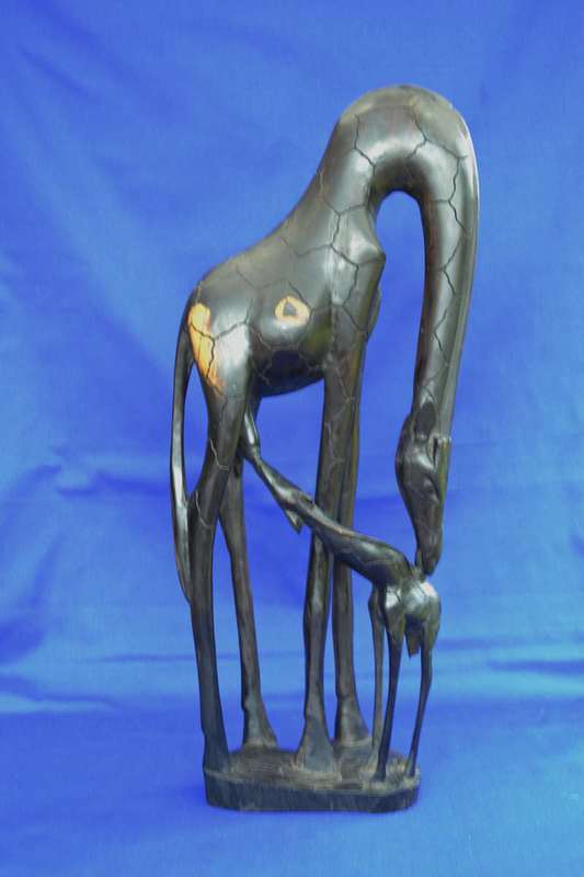 Abstract Style Carved Wooden Mother and Baby Giraffe
