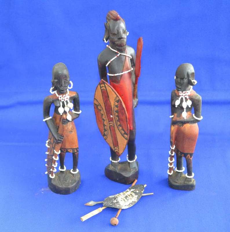Traditional Masai Carved Wooden Figures and Miniature Hide Shield