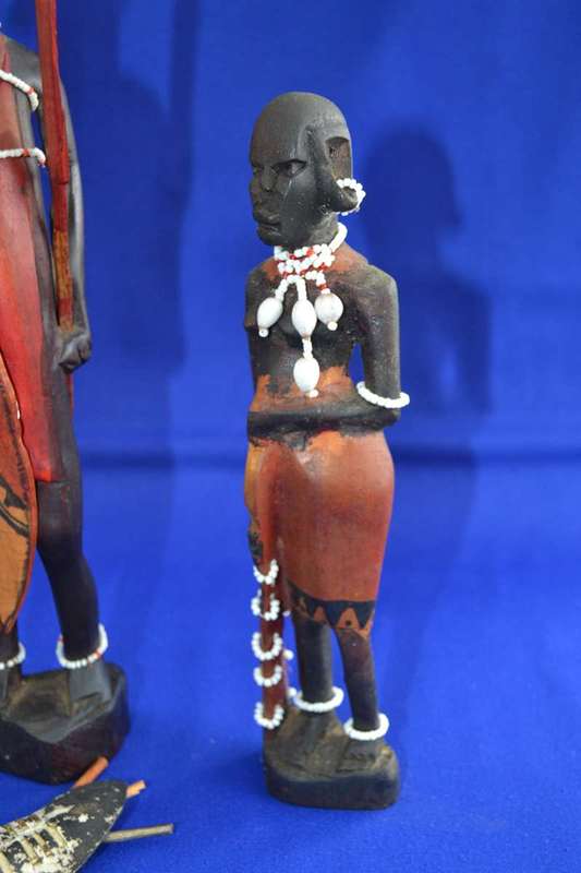 Traditional Masai Carved Wooden Figures and Miniature Hide Shield