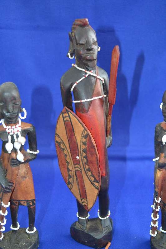 Traditional Masai Carved Wooden Figures and Miniature Hide Shield