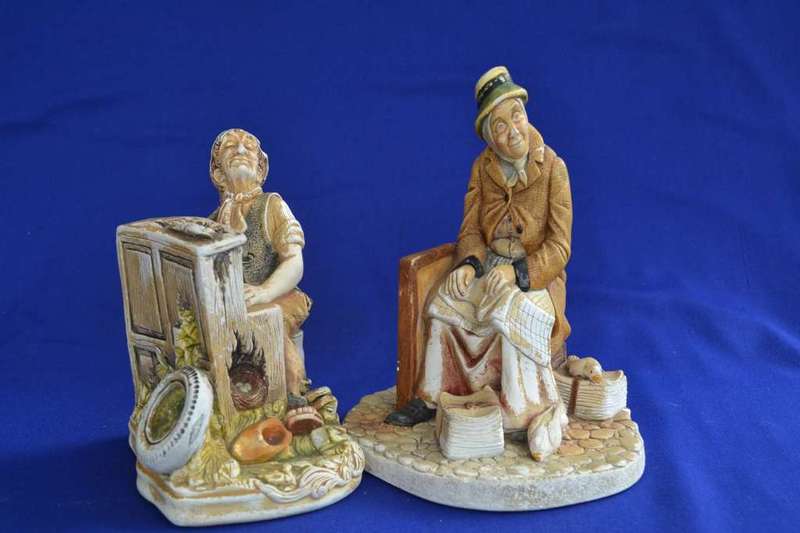 Naturecraft Hand Painted Chalkware / Stonewre Figures `News Vendor` and `Grand Finale`