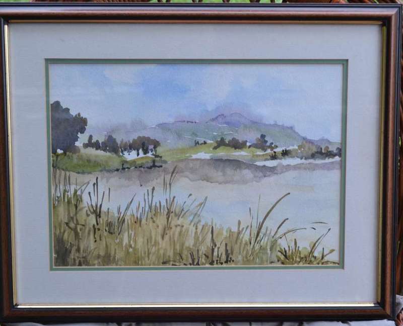 Watercolour Landscape framed behind Glass
