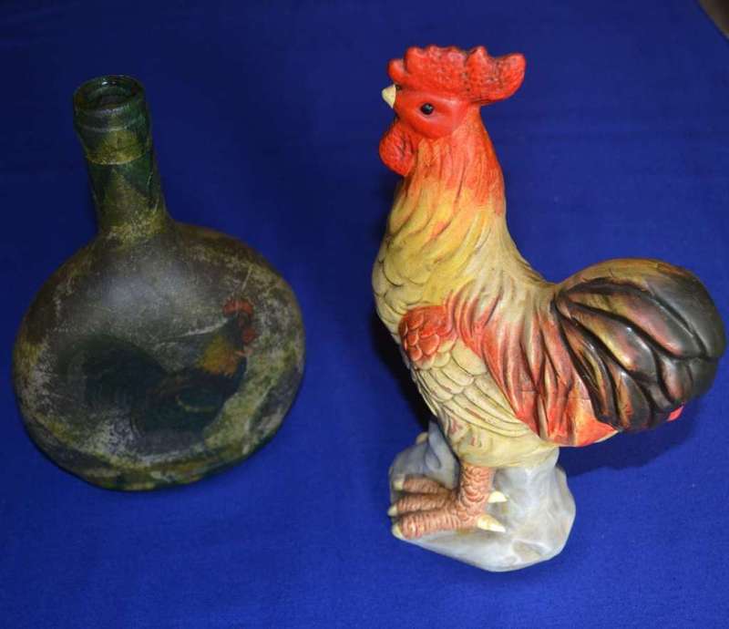 Vintage Rooster figure and Rooster Decorated Glass Bottle
