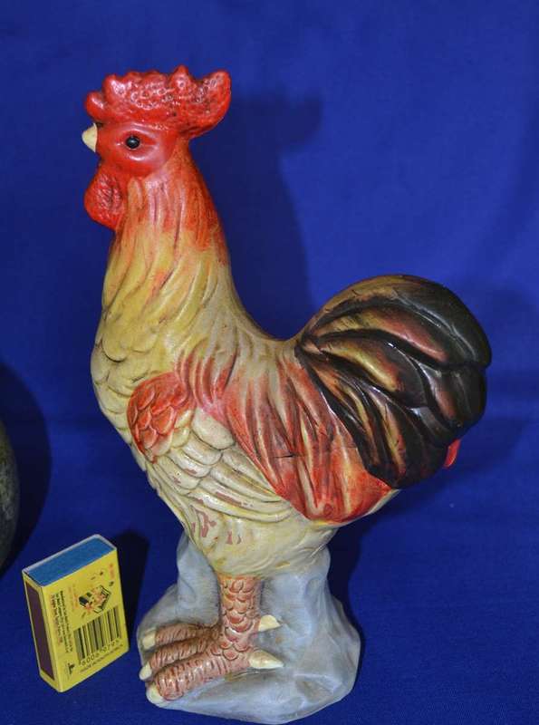 Vintage Rooster figure and Rooster Decorated Glass Bottle