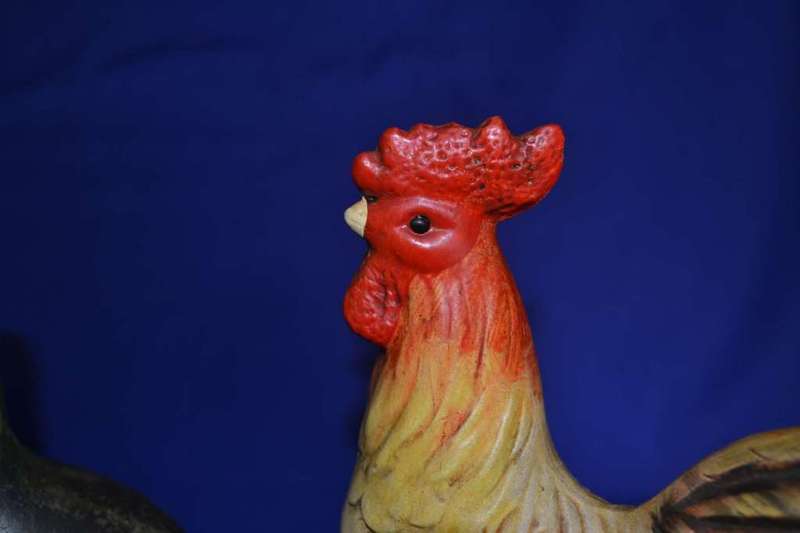 Vintage Rooster figure and Rooster Decorated Glass Bottle