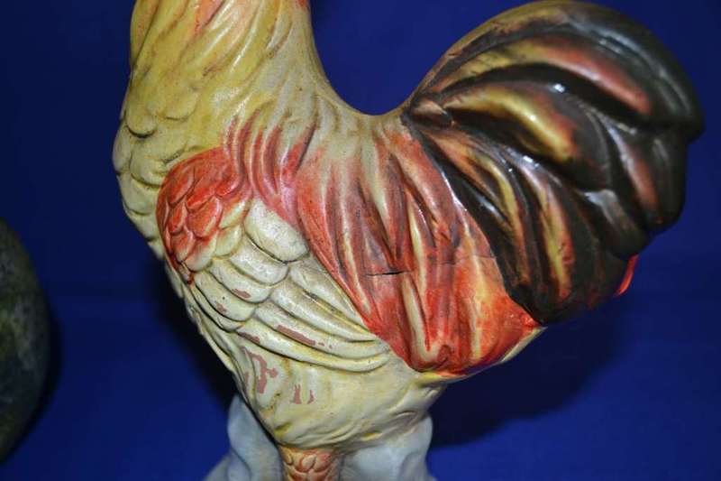 Vintage Rooster figure and Rooster Decorated Glass Bottle
