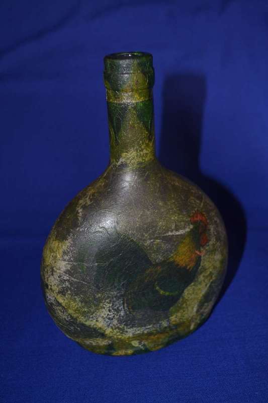 Vintage Rooster figure and Rooster Decorated Glass Bottle