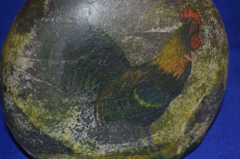 Vintage Rooster figure and Rooster Decorated Glass Bottle