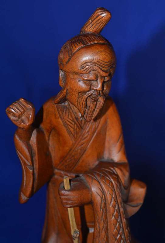 Carved Wooden Chinese Figure with Taiwan Tobacco & Wine Bottle