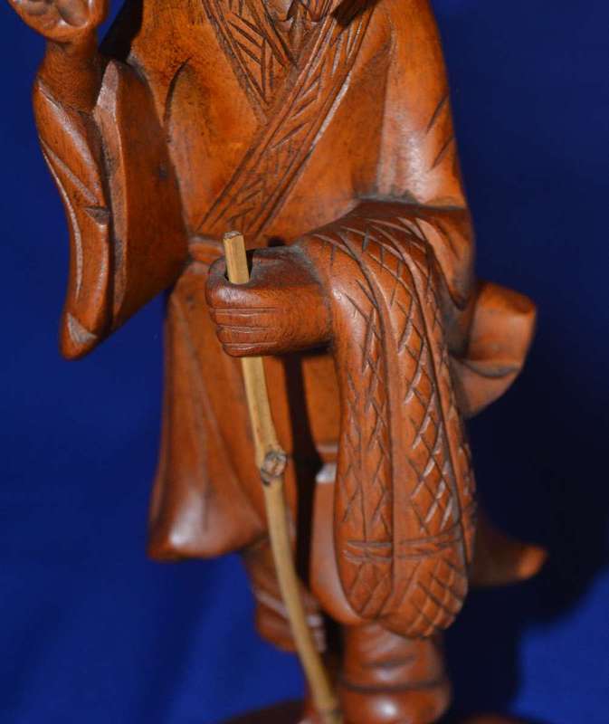 Carved Wooden Chinese Figure with Taiwan Tobacco & Wine Bottle