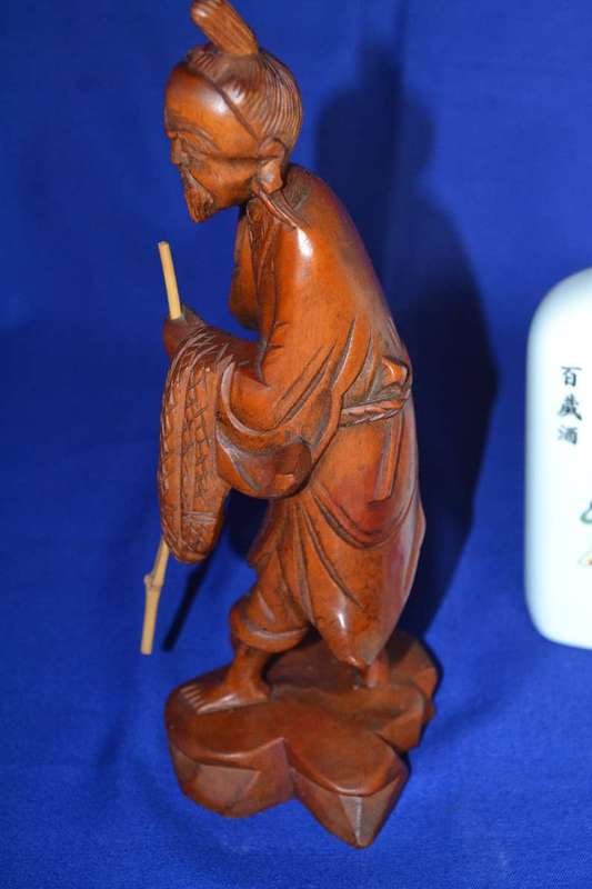 Carved Wooden Chinese Figure with Taiwan Tobacco & Wine Bottle