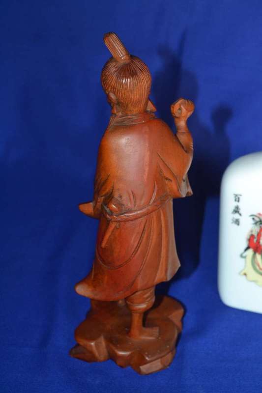 Carved Wooden Chinese Figure with Taiwan Tobacco & Wine Bottle