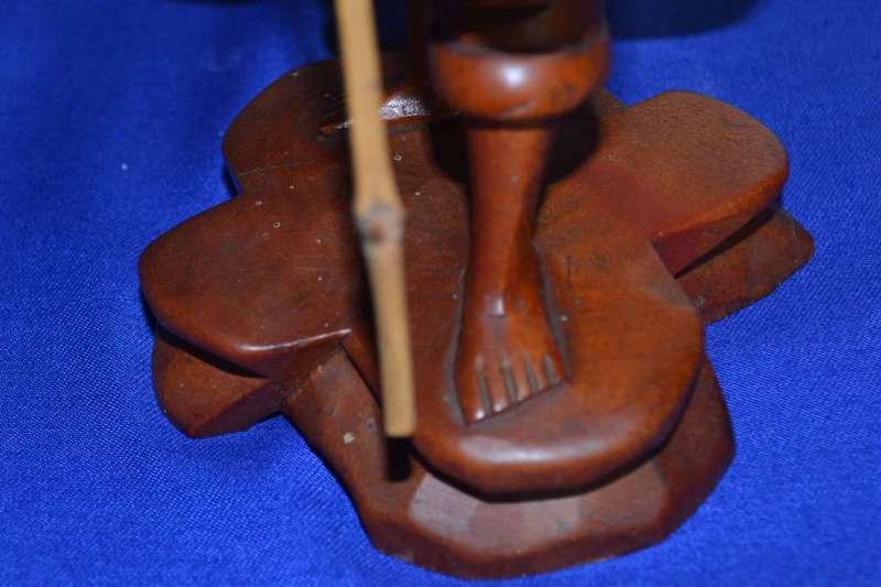 Carved Wooden Chinese Figure with Taiwan Tobacco & Wine Bottle