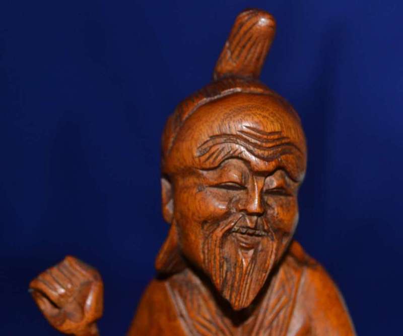 Carved Wooden Chinese Figure with Taiwan Tobacco & Wine Bottle