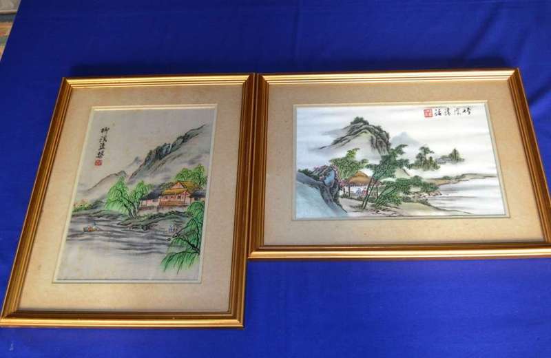 Pair of Vintage Chinese Paintings on Silk Framed behind Glass