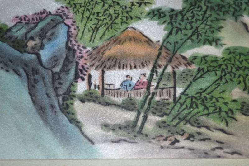 Pair of Vintage Chinese Paintings on Silk Framed behind Glass
