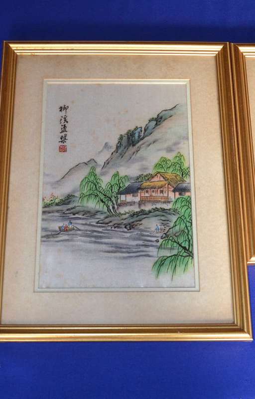 Pair of Vintage Chinese Paintings on Silk Framed behind Glass