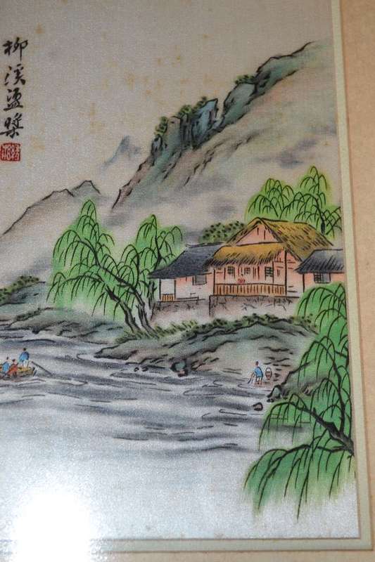 Pair of Vintage Chinese Paintings on Silk Framed behind Glass