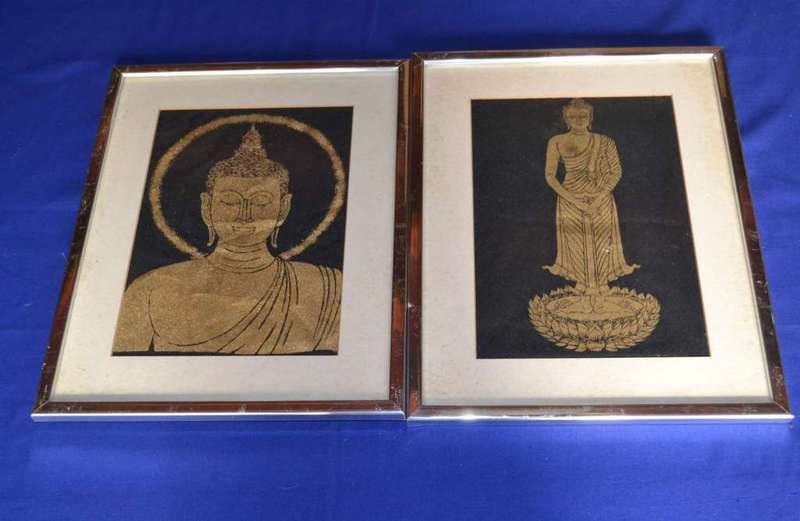 Pair of Buddha Paintings- Gold on Fabric Framed Behind glass