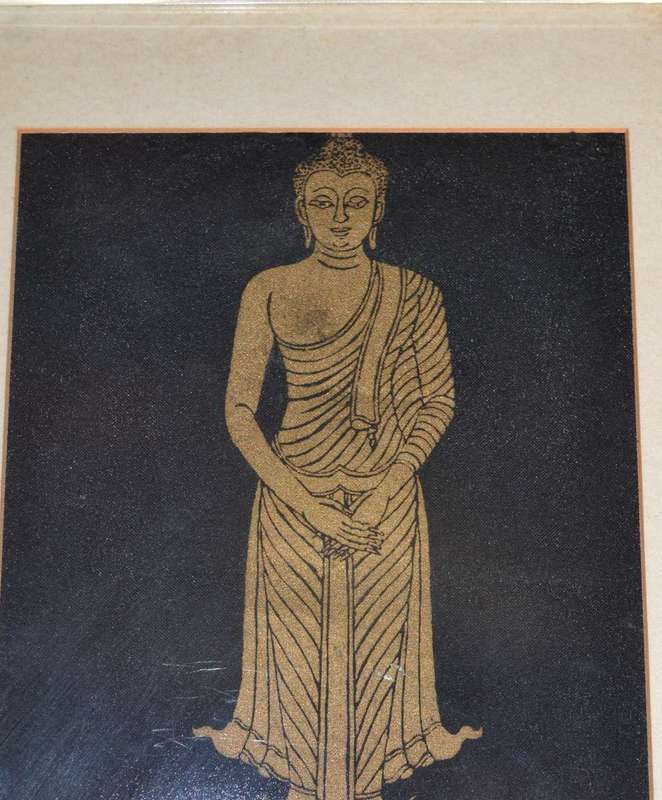 Pair of Buddha Paintings- Gold on Fabric Framed Behind glass