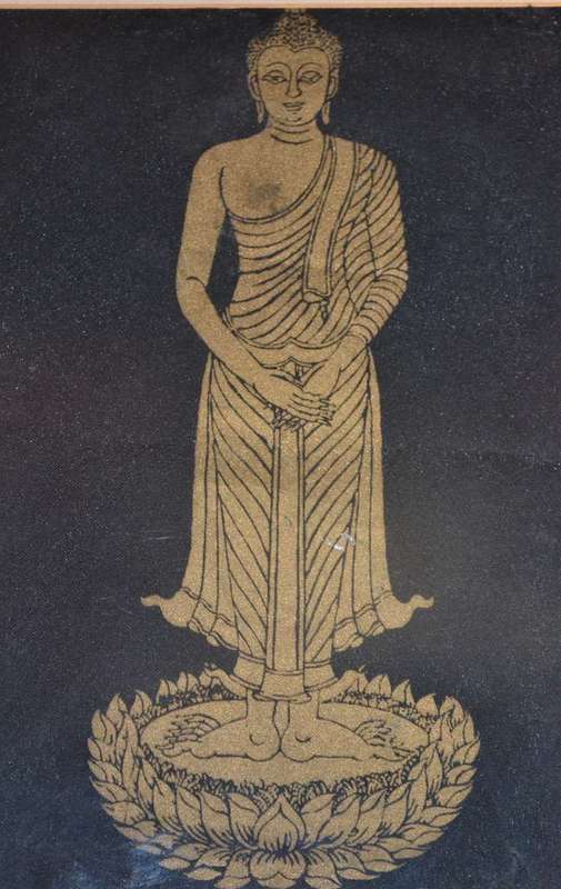 Pair of Buddha Paintings- Gold on Fabric Framed Behind glass