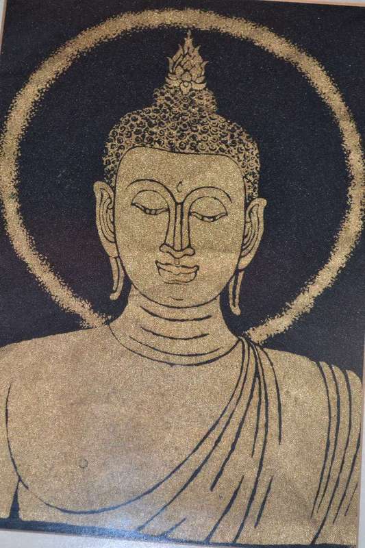 Pair of Buddha Paintings- Gold on Fabric Framed Behind glass