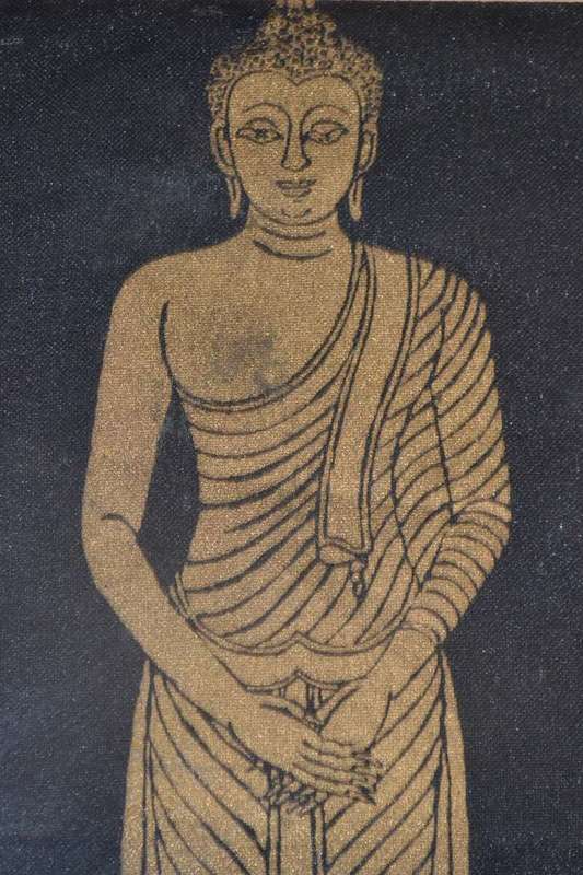 Pair of Buddha Paintings- Gold on Fabric Framed Behind glass