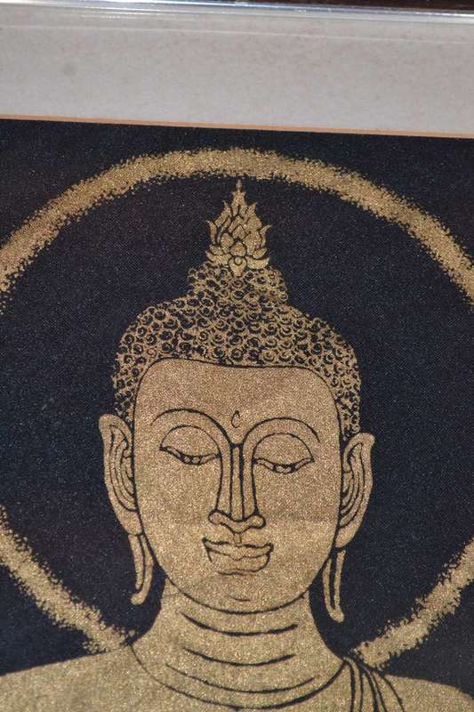 Pair of Buddha Paintings- Gold on Fabric Framed Behind glass