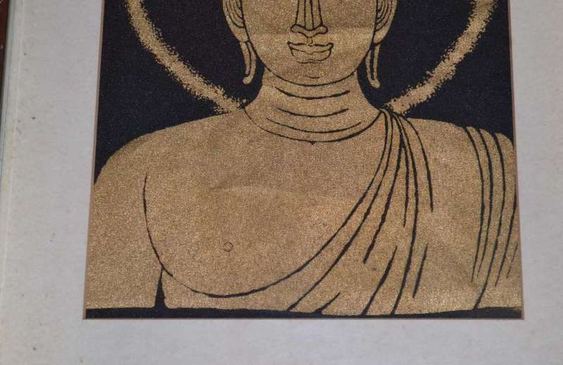 Pair of Buddha Paintings- Gold on Fabric Framed Behind glass