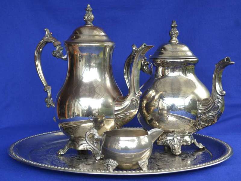 FB Rogers Silver Plate Part Tea Set on Round Engraved Silver Plate Tray