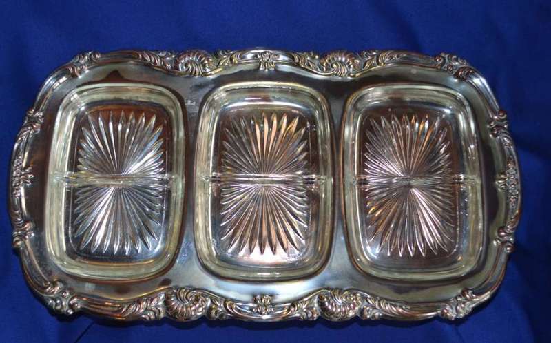 Three Division Silver Plate Snack Tray with Glass Inserts