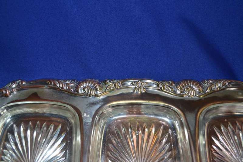 Three Division Silver Plate Snack Tray with Glass Inserts