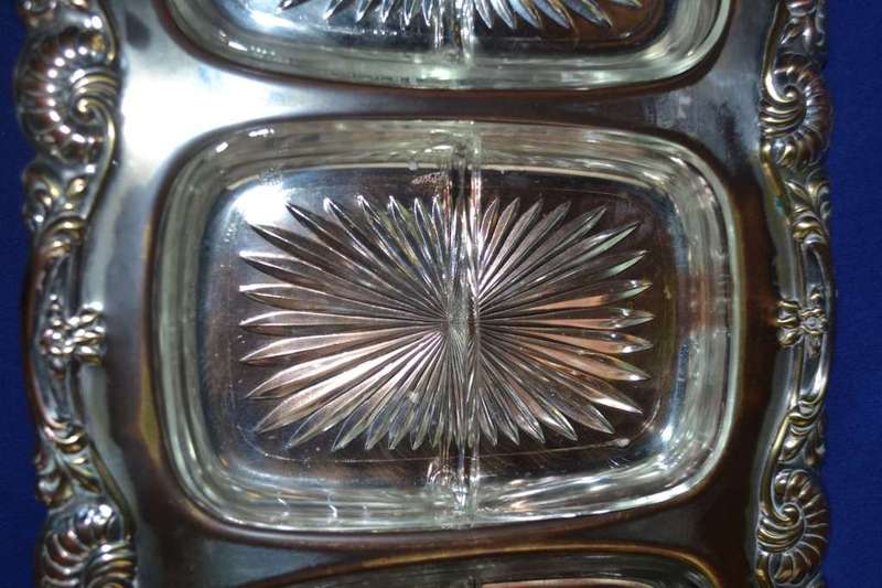 Three Division Silver Plate Snack Tray with Glass Inserts
