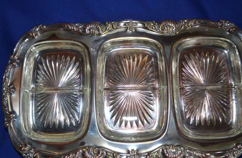Three Division Silver Plate Snack Tray with Glass Inserts