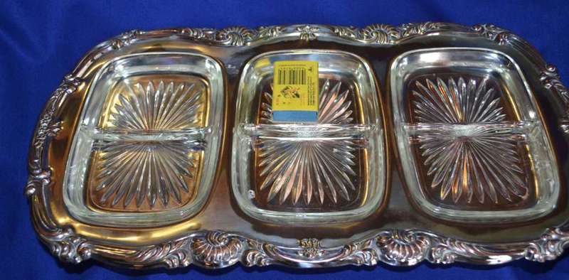 Three Division Silver Plate Snack Tray with Glass Inserts