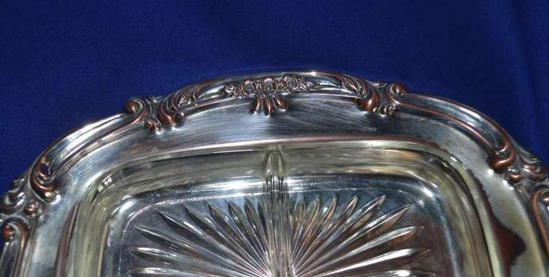 Three Division Silver Plate Snack Tray with Glass Inserts