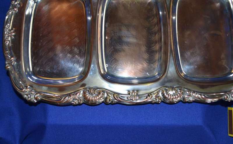 Three Division Silver Plate Snack Tray with Glass Inserts