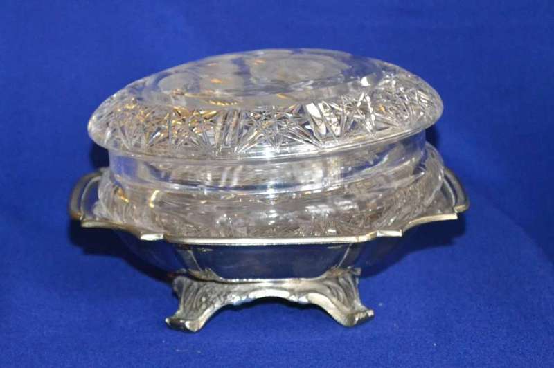 Crystal Bowl with Lid  and Silver Plated Footed Dish