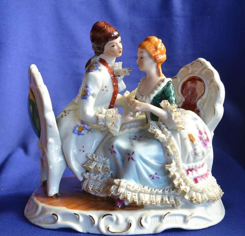 Large Vintage Porcelain Couple with Dresden Style Lace Trim