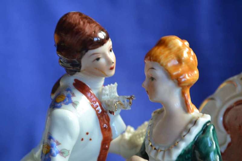 Large Vintage Porcelain Couple with Dresden Style Lace Trim